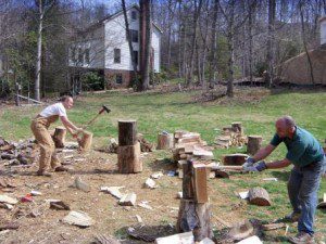 Two men chopping wood in a residential backyard, with a house and trees in the background.