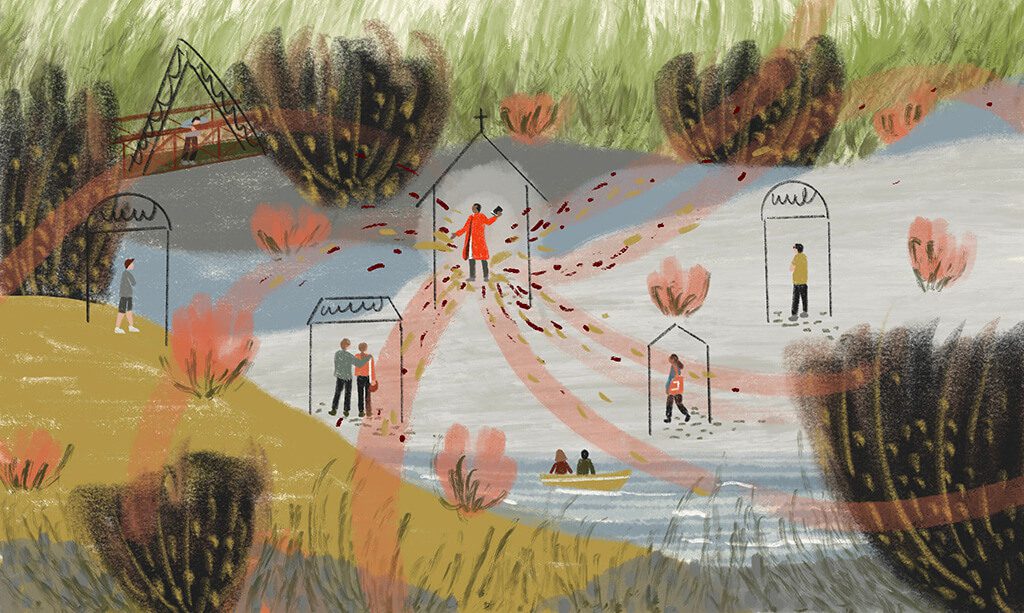 A painting of people walking in the woods