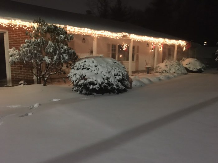 A house with snow on the ground and lights