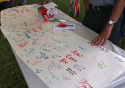 A table covered in many different colored writing.