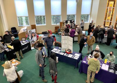 Overhead view of busy community vendor fair