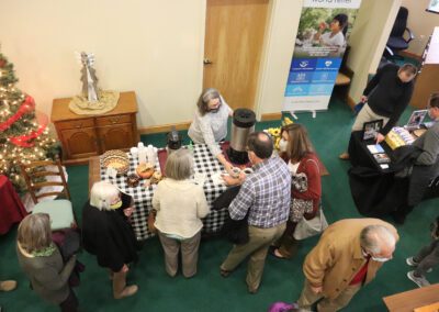 Overhead view of people at coffee station