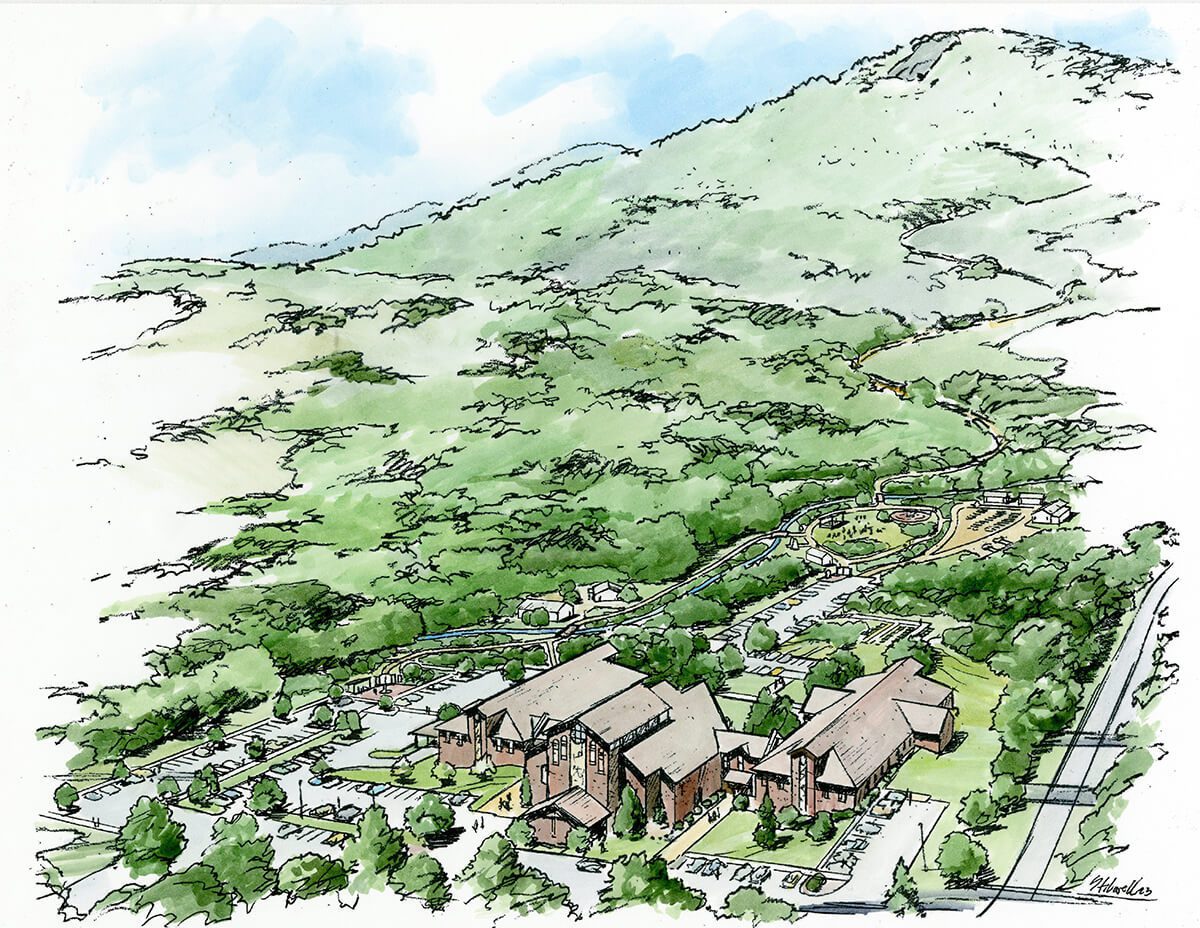 Illustration of a suburban area with detailed houses at the forefront, nestled into lush greenery with a backdrop of a tree-covered mountain.