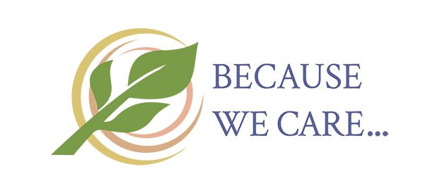 Graphic showing a stylized green leaf inside a circular yellow and green design, with the text "because we care..." in blue against a radial white background.